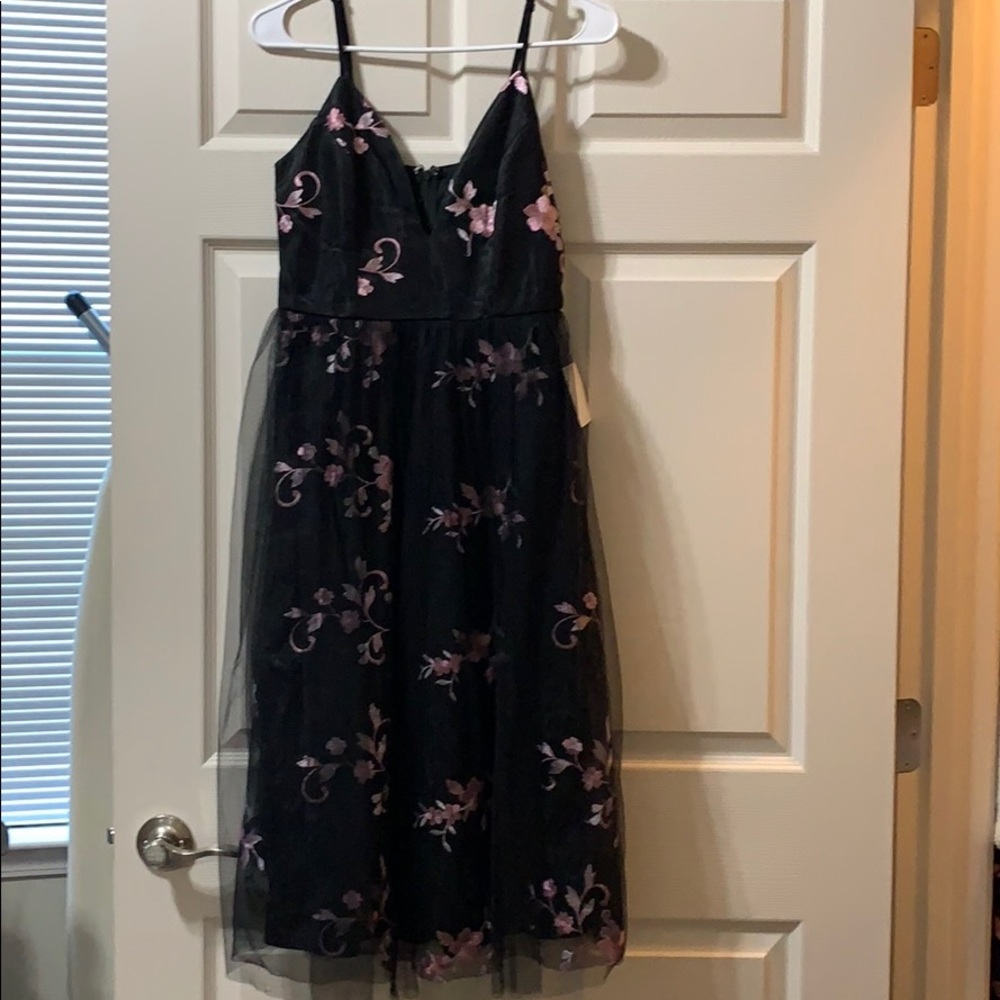 Black strappy V neck dress, floral embroidery